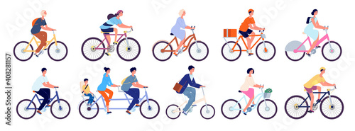 Cyclists characters. Fun active woman, cyclist ride bicycle outdoor. Fun leisure, isolated happy girl rider and person bike utter vector set. Bike sport exercise, lifestyle ride activity illustration photo