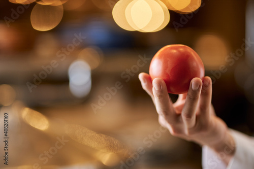 Chef holding fresh ripe red tomato in hand