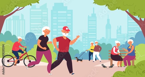 Elderly in park. Old people, senior healthy lifestyle. Retired family walk, cartoon grandparents summer recreation decent vector concept. Senior old in park siiting on bench and walking illustration