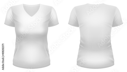 Blank white V-neck t-shirt template. Front and back views. Vector illustration.