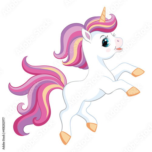 Cute cartoon unicorn with pink mane vector illustration