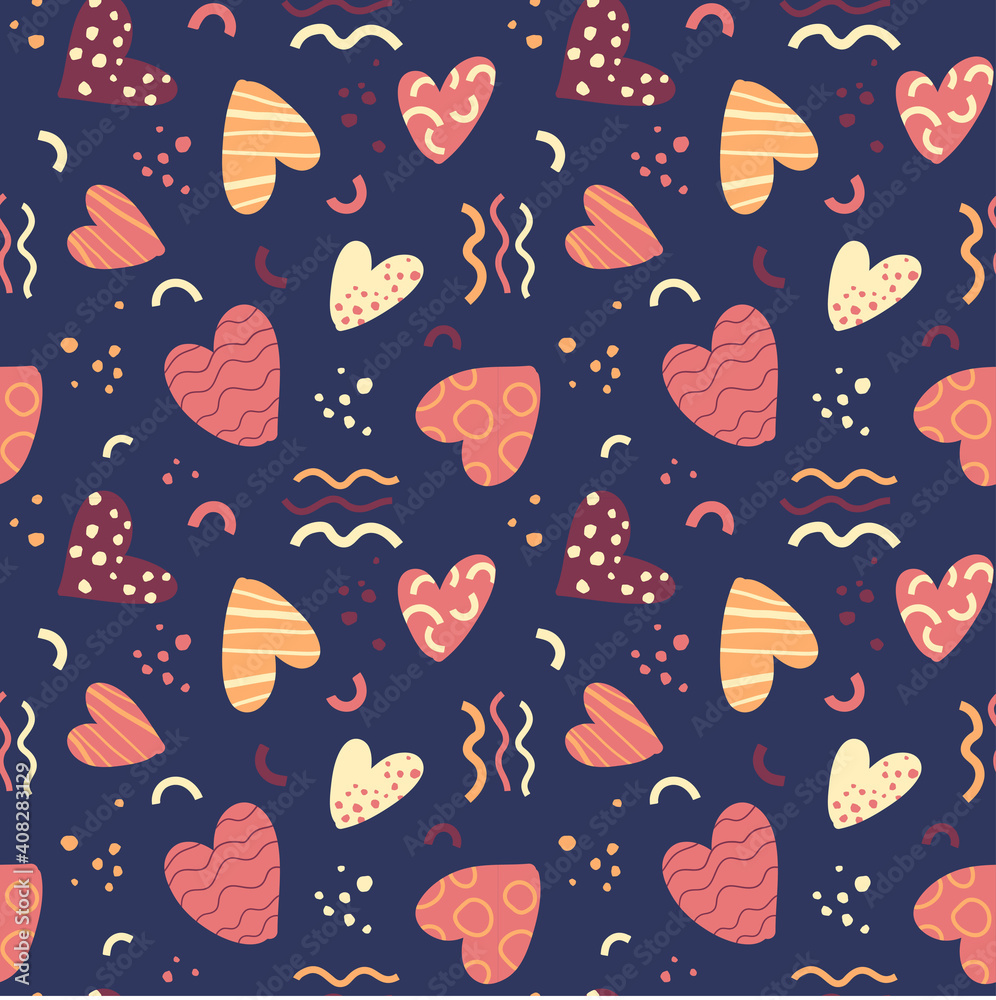 Hearts seamless pattern with abstract hand drawn doodle hearts and geometric shapes. Cute vector design for Valentine's, Mother's Day greeting cards, wallpaper, textile print, wrapping paper. Hearts seamless pattern with abstract hand drawn doodle hearts and geometric shapes. Cute vector design for Valentine's, Mother's Day greeting cards, wallpaper, textile print, wrapping paper.