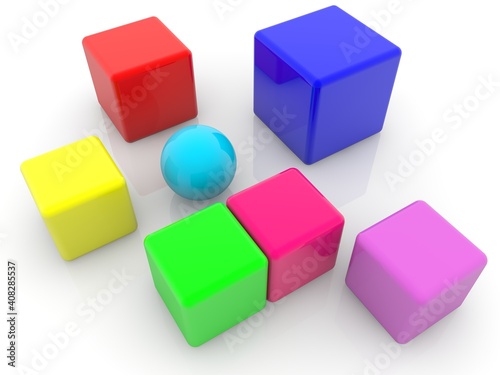 Blue ball between colored toy blocks