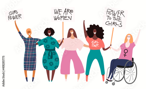 Diverse women group, woman in a wheelchair on a protest, holding different placards, banners with copy space. Hand drawn vector illustration, isolated on white. Flat style design. Concept for feminism