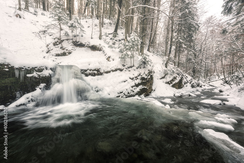 Amazing nature landscape with beautiful mountain waterfall and creek surrounded by winter forest with snow covered trees, natural outdoor travel background, Carpathian mountains