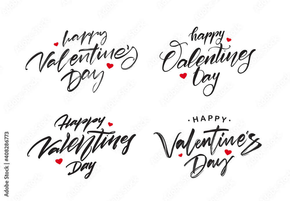Set of Handwritten brush type lettering of Happy Valentines Day on white background.