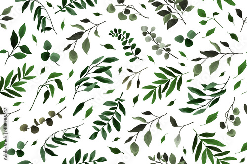 Seamless pattern with greenery leaves branch twig flora plants for floral watercolor wedding card, wallpaper, botanical foliage. Vector elegant herbal spring background
