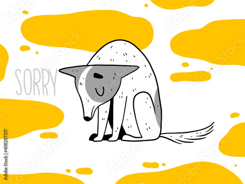 The funny dog is sad and apologizes for the bad behavior. The puppy pissed on the floor and made many puddles