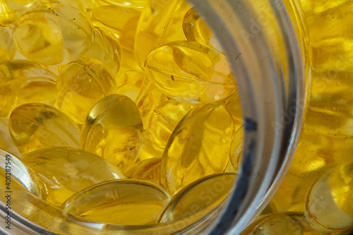 OClose up of Omega 3 capsules from Fish Oil