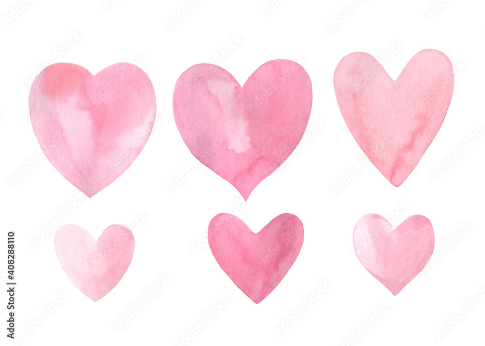 Set of pink hearts on isolated white background, watercolor illustration