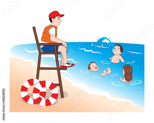 Beach lifeguard safeguarding watching kids sitting on lifeguard tower ensuring safety. Happy girl  boys children enjoying safe sea water swimming. vector illustration isolated cartoon hand drawn