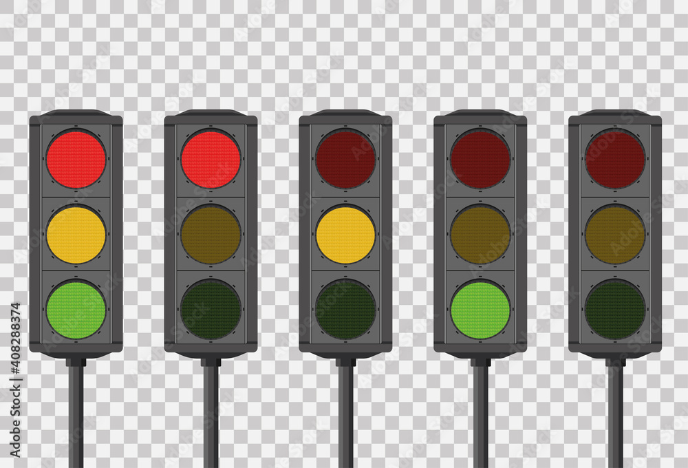 Isolated five sets of LED traffic lights showing sequence red, amber or