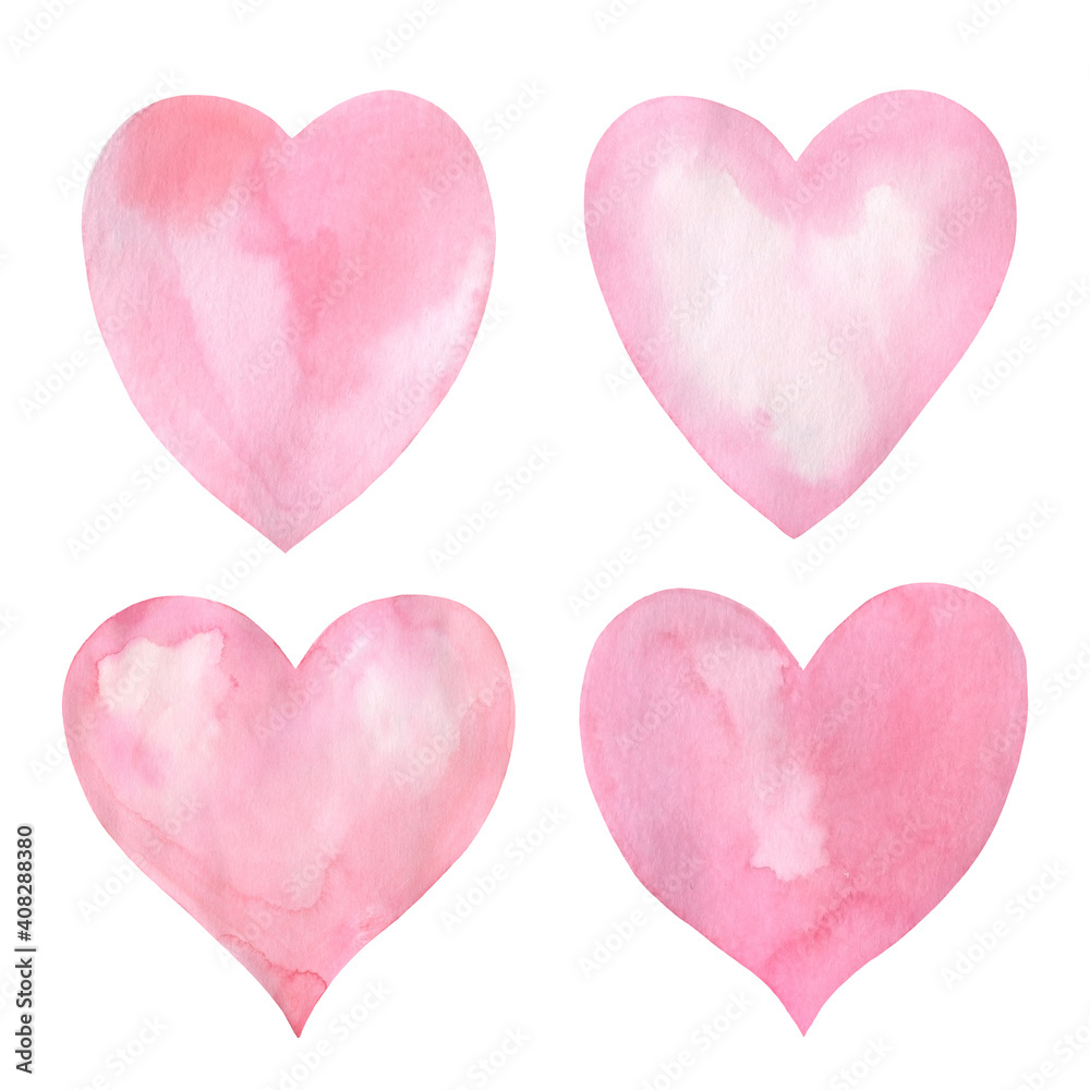 Pink hearts, watercolor illustration, love card, valentine's day