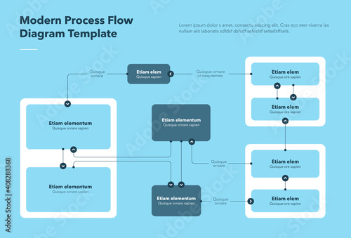 Modern process flow diagram template - blue version. Flat infographic, easy to use for your website or presentation.