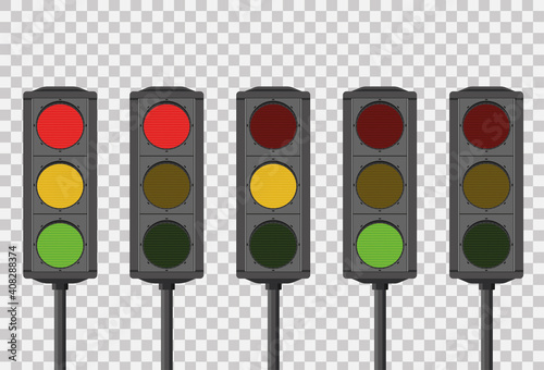 Isolated five sets of LED traffic lights showing sequence red, amber or green lights on transparent background. The rules of the road. Vector illustration.