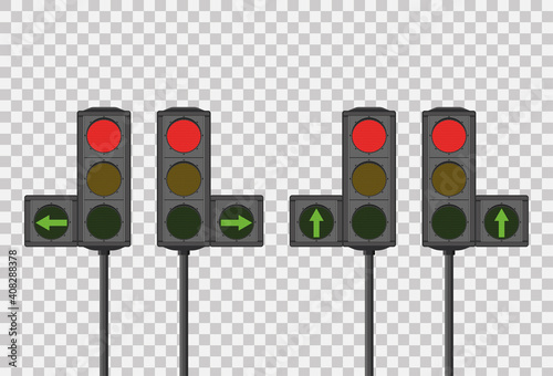 Isolated five sets of LED traffic lights showing sequence red, amber or green lights with additional sections on transparent background. The rules of the road. Vector illustration.