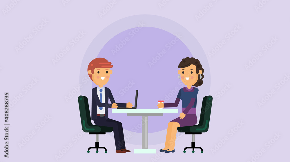 Business lunch - vector illustration. The guy and the girl are talking over a laptop. Business discussion. Business lunch - vector illustration. The guy and the girl are talking over a laptop. Business discussion.