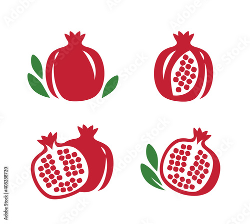 Whole and cut pomegranate icon set. Fruit vector illustration