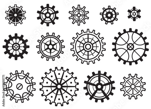 Vector set of gears, cogwheels with uniform cogs / equal teeth, but different diameters.  Suitable for synchronous animation. Isolated black shapes on white background.