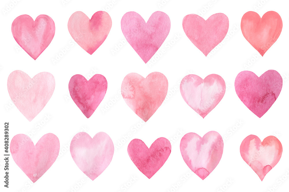 Valentine's day. Set of pink hearts on isolated white background, watercolor illustration 