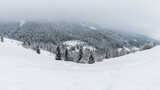 Scenic winter landscape, amazing panoramic view of snowy mountain pass, overcast gray sky, snow covered trees and mountains. Nature outdoor travel background, Carpathians, Synevyr pass, Zakarpattia