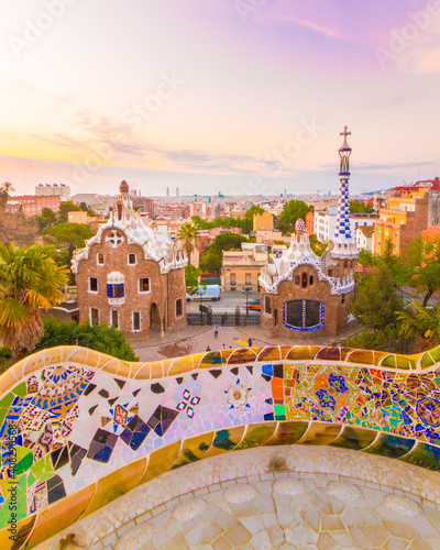 Park Guell captured during sunrise in Barcelona, Spain.
