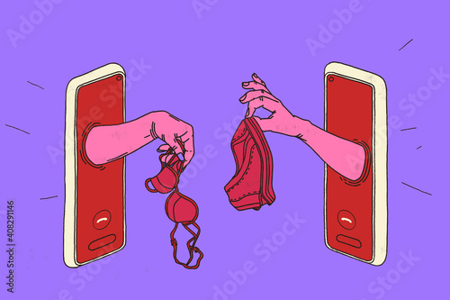 Sexting sex during coronavirus (covid-19). Sexual practices. Man and woman hands show lingerie through their smartphone screen. photo