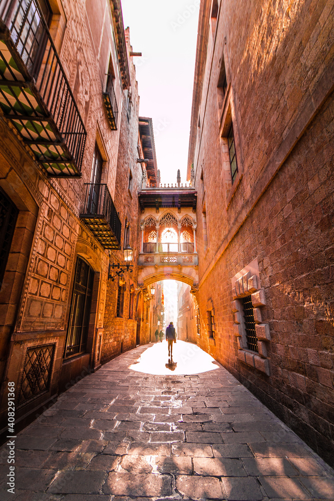 Picture of a famous street of Barcelona (carrer del bisbe) captured during sunrise.