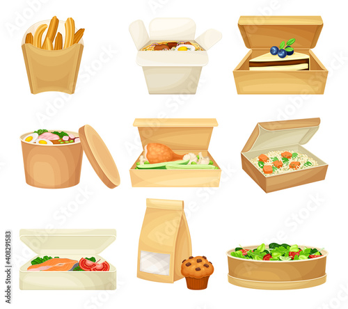 Kraft Paper or Cardboard Eco Package with Food Inside Vector Set
