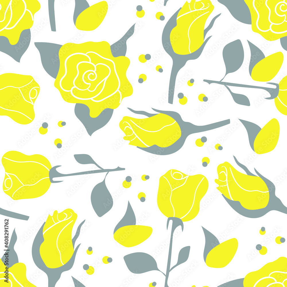 Seamless pattern of hand drawn roses. Ultimate Gray and Illuminating Pantone color of the year 2021. Modern flat illustration.