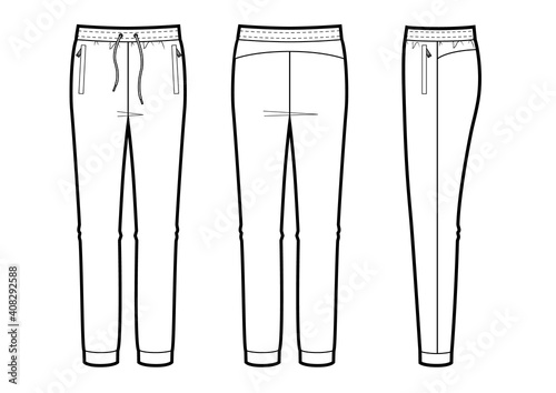Vector illustration of women's joggers pants. Front, back and side views, for sports wear.