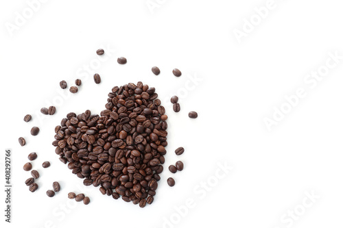 Heart Shaped Coffee beans white background isolated, top view.