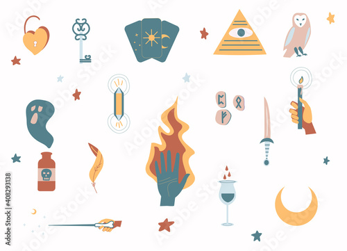 Seamless pattern magic and witchcraft. Hand drawn, doodle magician collection with tarot, potion, crystal, knife, spells, rune stones. Background for design, paper, textile, fabric, wallpaper.