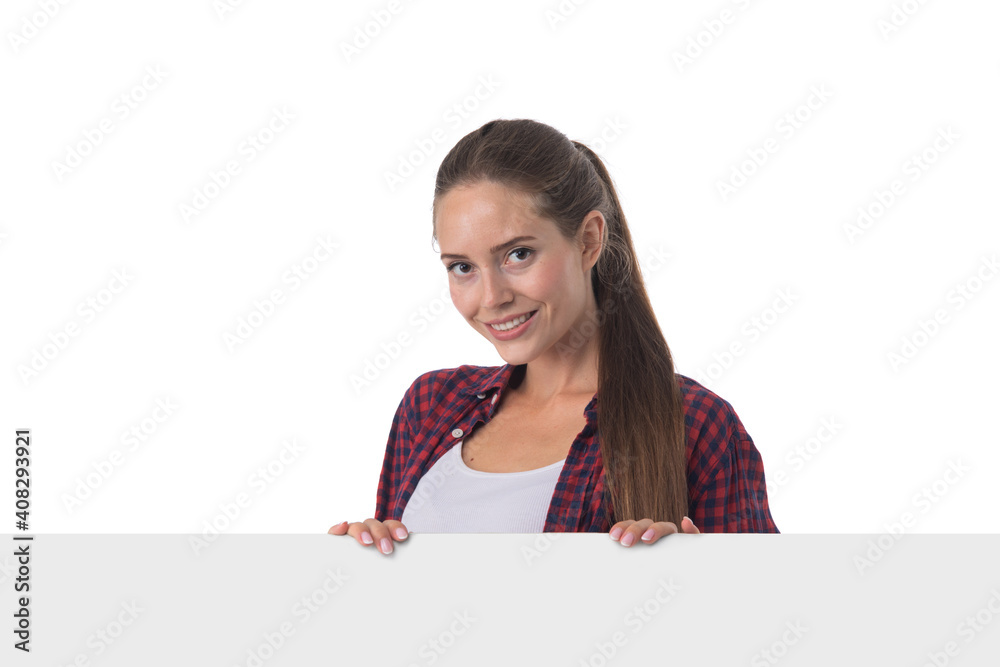 Casual woman displaying a banner Casual woman displaying a banner
