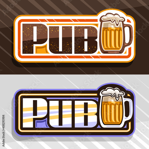 Vector logos for Beer Pub, 2 decorative sign boards with illustration of full beer mug with froth and unique modern lettering for word pub on brown and grey background.
