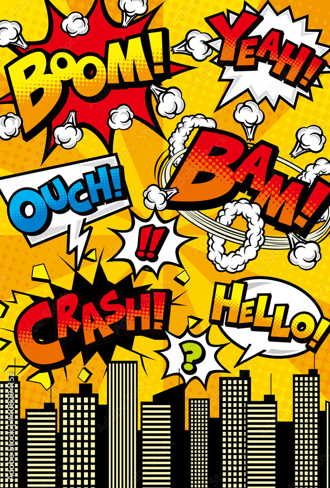 コミックアート風の吹き出しがある都市の背景素材