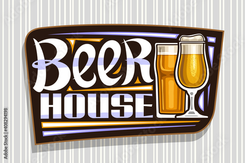 Vector logo for Beer House, dark decorative sign board with illustration of full beer glass with froth and golden highball, unique brush lettering for blue words beer house on grey striped background.