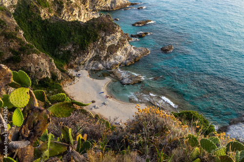 Aerial view of Ficara beach (Spiaggia A Ficara) at sunset from Capo Vaticano viewpoint, Calabria, Italy photo