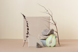 Minimalist monochrome still life composition with a pear and natural nature materials: stone, marble, earthy clay and plant dry branch in beige color, copy space, abstract modern art design concept