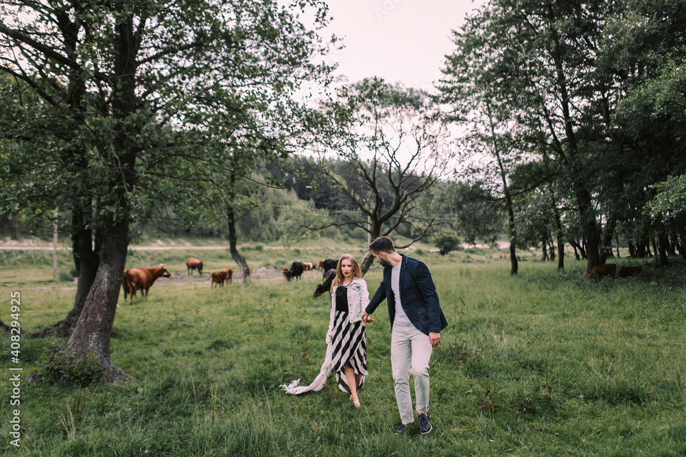 Handsome guy and blonde girl walking on the grass near the river and forest. They hold hands and smile on the background of pasture with cows and horses Handsome guy and blonde girl walking on the grass near the river and forest. They hold hands and smile on the background of pasture with cows and horses