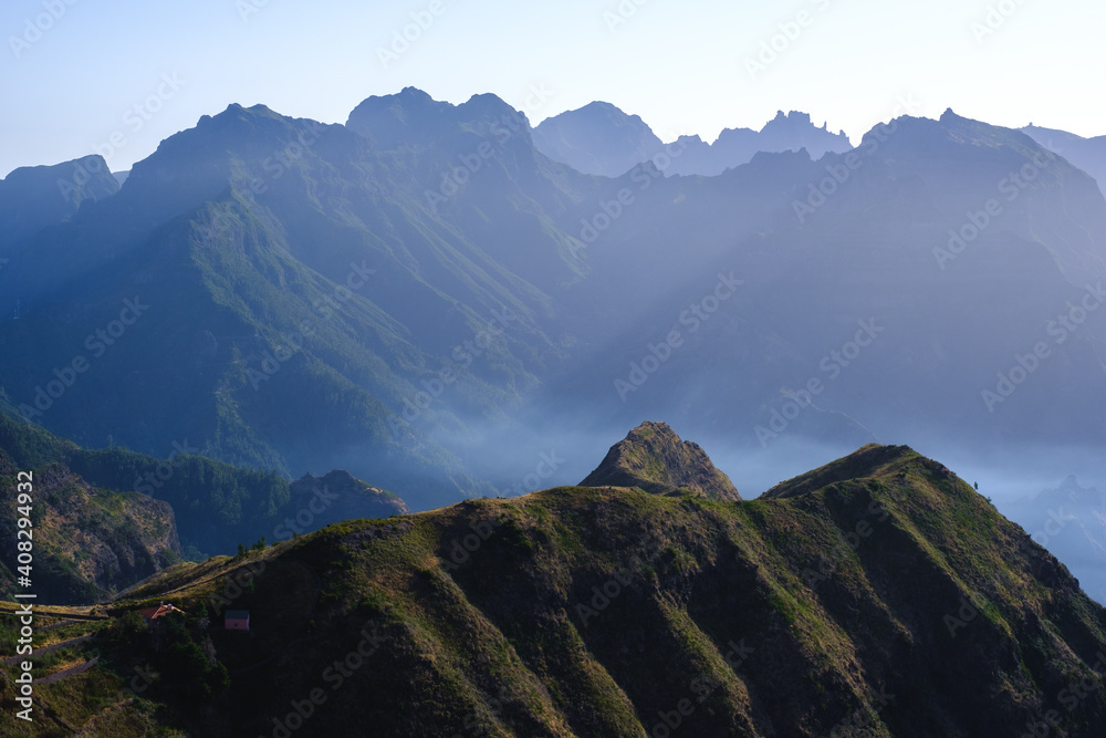 mountain range in misty morning