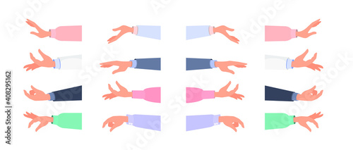 Set of people hands, male, female, sleeve, clothes, hold in hands. Concept: show, demonstrate, gesture. Vector flat cartoon illustration isolated on white background, eps 10.