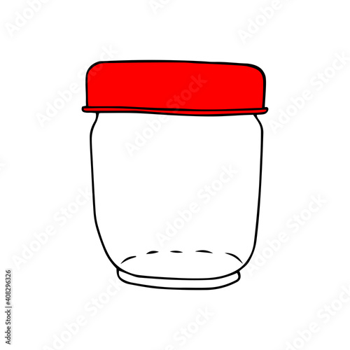 Black hand drawing vector illustration of a glass empty jar with a red lid isolated on a white background