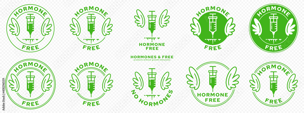 Conceptual marks for product packaging. Labeling - Hormone Free. Brand with with Wings and Ingredient Line - Ingredient-Free Product Symbol. An injection with hormonal drugs. Vector Conceptual marks for product packaging. Labeling - Hormone Free. Brand with with Wings and Ingredient Line - Ingredient-Free Product Symbol. An injection with hormonal drugs. Vector