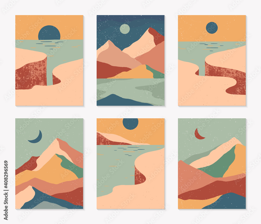 Bundle of creative abstract mountain landscapes,mountain range,cliffed coast backgrounds.Mid century modern vector illustrations with hand drawn mountains,sea or lake,sky,sun and moon.Trendy design.