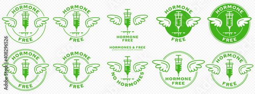 Conceptual marks for product packaging. Labeling - Hormone Free. Brand with with Wings and Ingredient Line - Ingredient-Free Product Symbol. An injection with hormonal drugs. Vector
