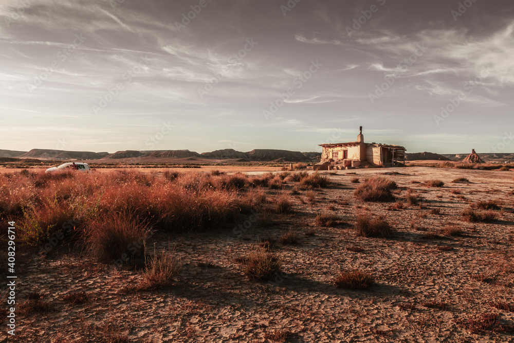 Abandoned house in Bardenas Reales desert in Navarra, Spain, captured during sunset.