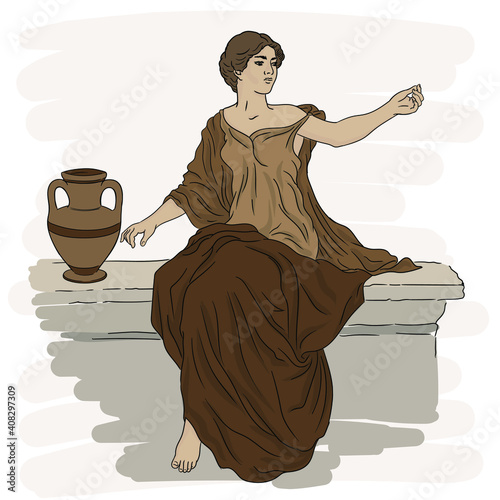 Two ancient Greek women in tunics with clay jugs are talking to each other.