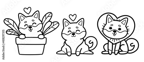 Vector set of cute cartoon shiba in love isolated on white.