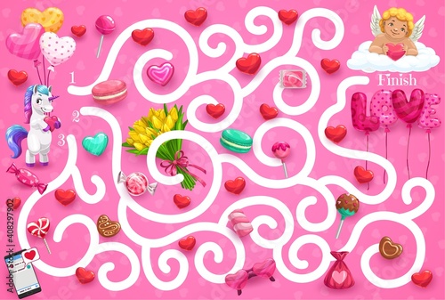 Kids maze game Valentines day theme, help cute unicorn find way to cupid. Vector labyrinth puzzle, child board game. Task with tangled path and angel on cloud. Educational children preschool riddle